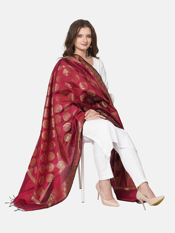 Maroon Banarasi Silk Dupatta with Woven Butti Motifs & Zari Border (Size: 2.5x1 m Approx)