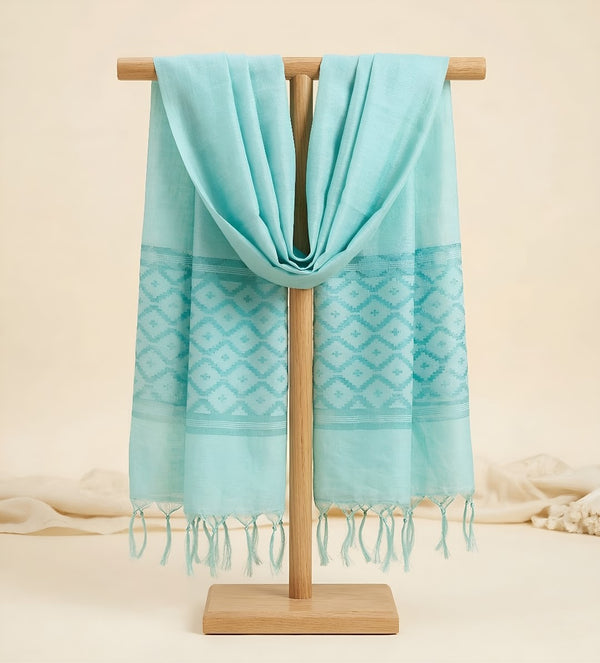 Cotton Mens Dupatta – Blue with Diamond Cut Work & Woven Border