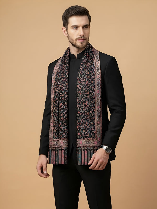 Reserve Mens Bamboo Silk Floral Kalamkari Printed Black Stole