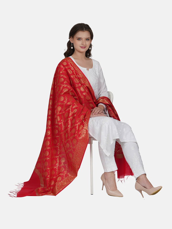 Red Banarasi Silk Dupatta with All-Over Woven Floral Motifs & Rich Zari Border (Size: 2.5x1 m Approx)