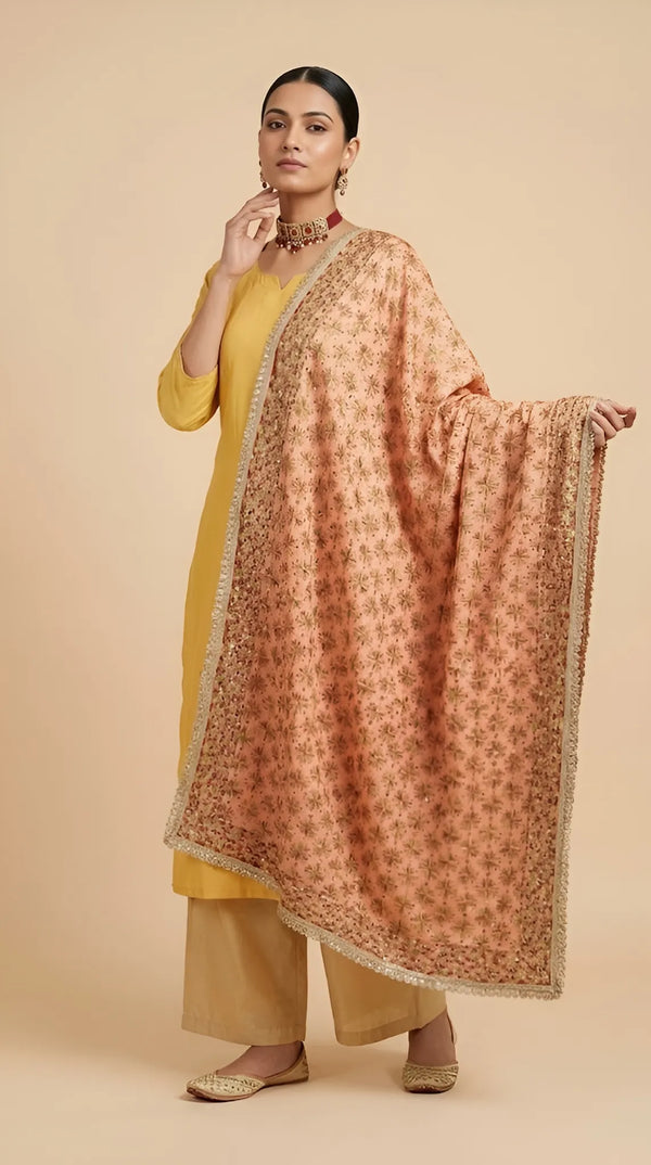 Luxe Heritage Phulkari Chinon Embroidered Peach Dupatta with Lace Border