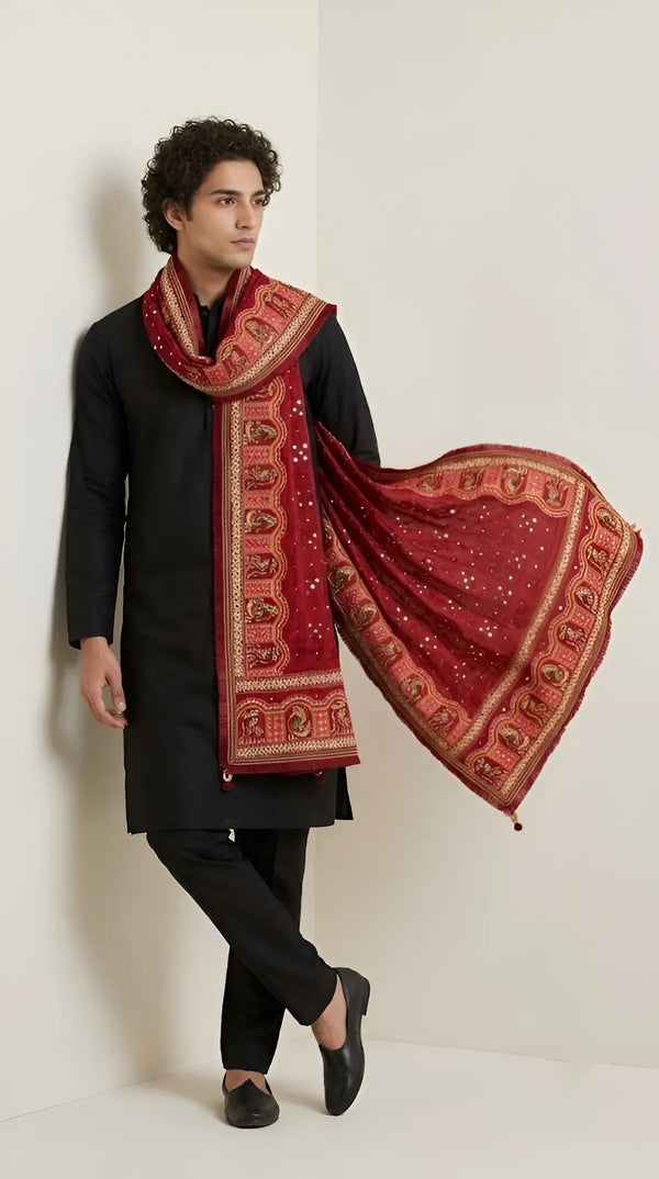Heritage Kutch & Phulkari Heritage Art Mirror Work Embroidered Maroon Mens Dupatta with Ornate Border