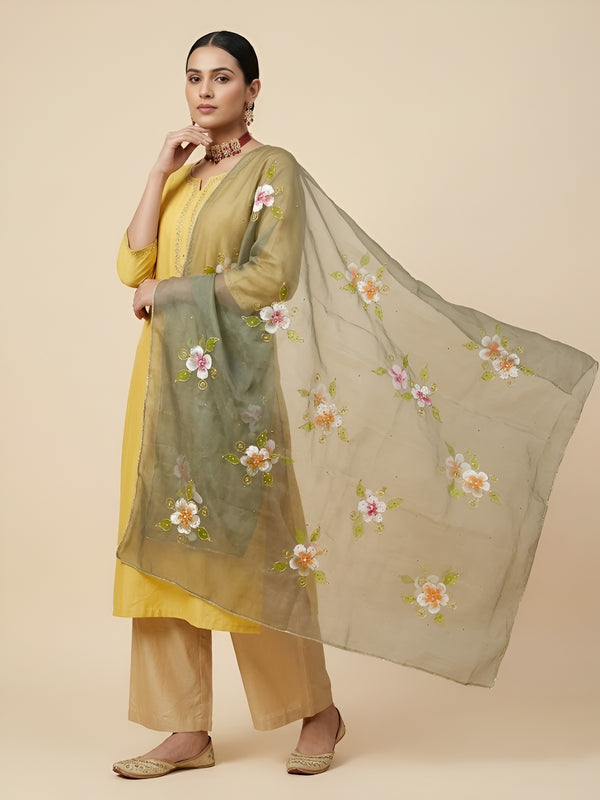 Luxe Organza Women Dark Green Dupatta with Handbrush Floral Art & Beads