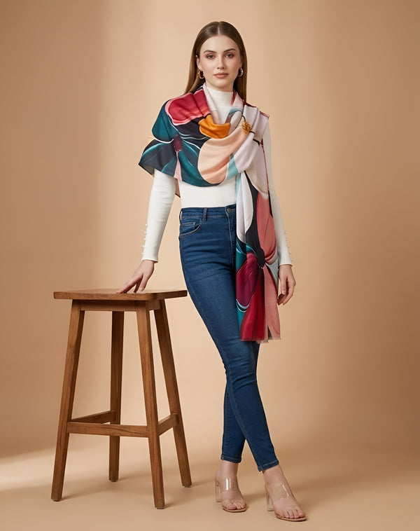 Signature Bamboo Silk Floral PrintedStole | Oversized Contemporary Bloom Print