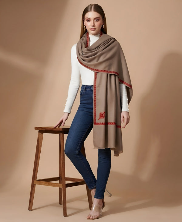 Regal Woven Border Accent Corner Wool Blend Beige Stole| Kashmiri Inspired