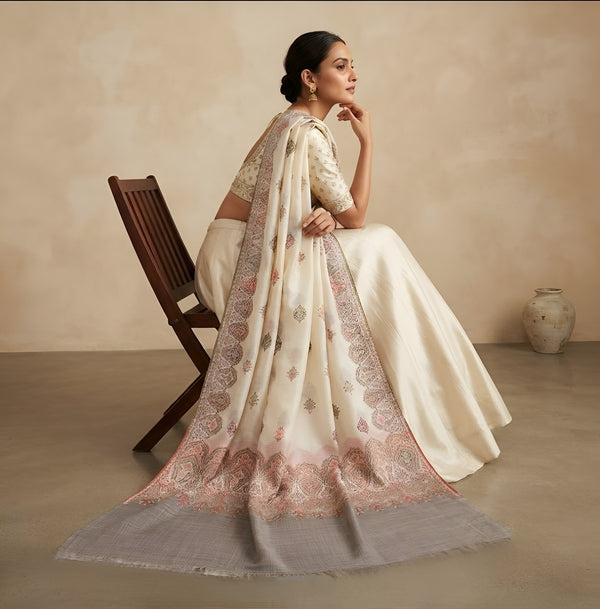 Naqsh-e-Kashmir Woven Kani Jacquard White Shawl with All-Over Buttis & Solid Panel