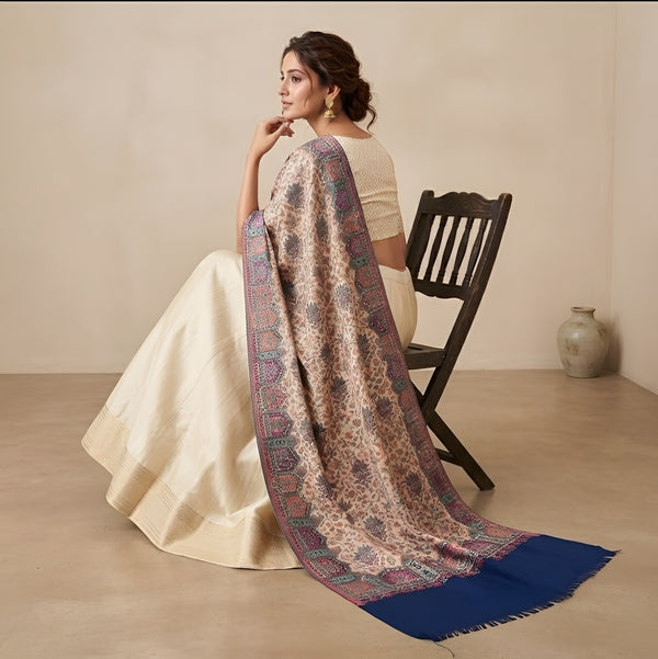 Naqsh-e-Kashmir Woven Kani Jacquard Floral Shawl with Traditional Blue Border & Panel