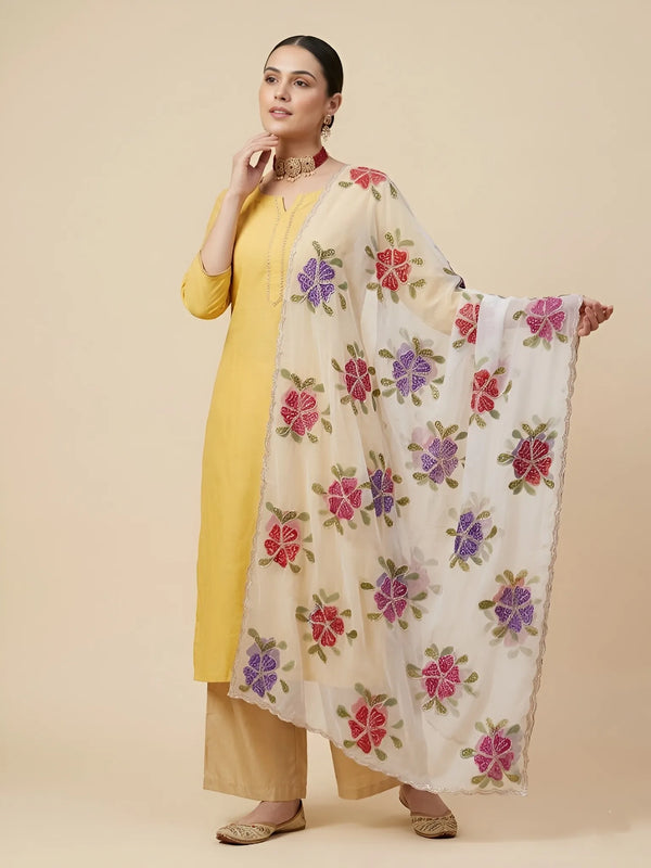 Luxe Organza Womens White Dupatta with Floral Brush Print Embellishment