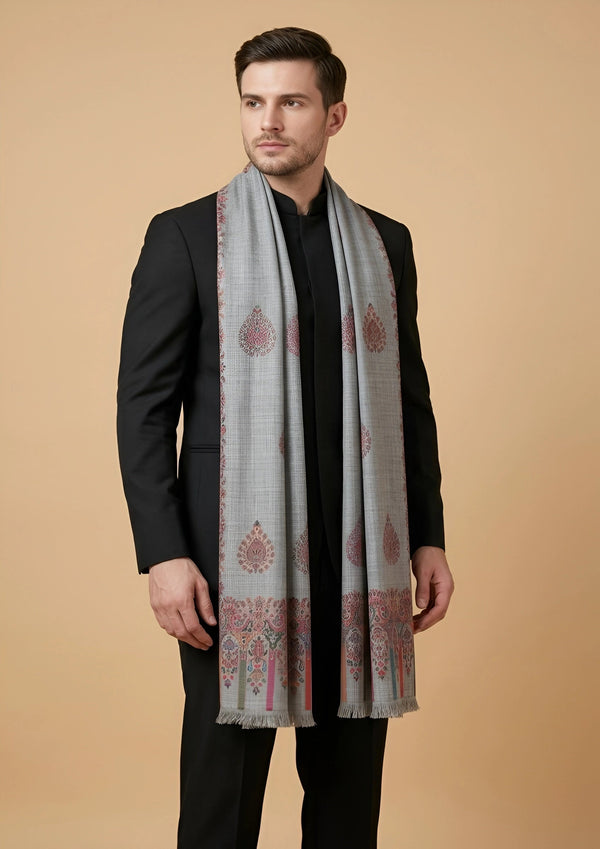 Noble Kani Woven Paisley Border Wool Blend Grey Stole