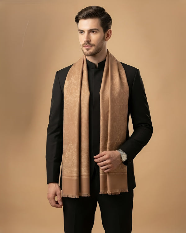 Timeless Mens Wool Blend All-Over Zari Jacquard Floral Trellis Brown Stole