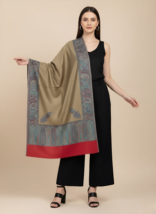 Bamboo Silk Gold Women Shawl with Intricate Paisley Border | Elegant Heritage Wrap (80 × 40 Inches)