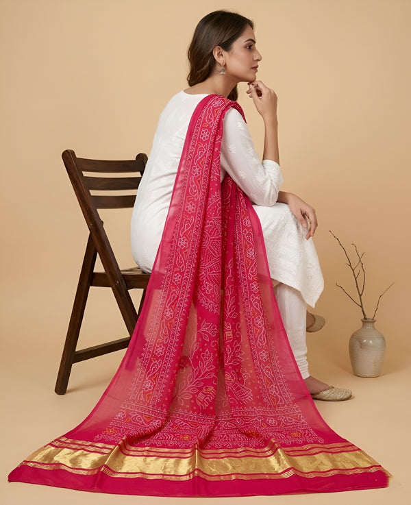 Bamboo Silk Bandhani Inspired Gajji Women Pink Dupatta with Elephant & Floral Motifs and Golden Tape Border