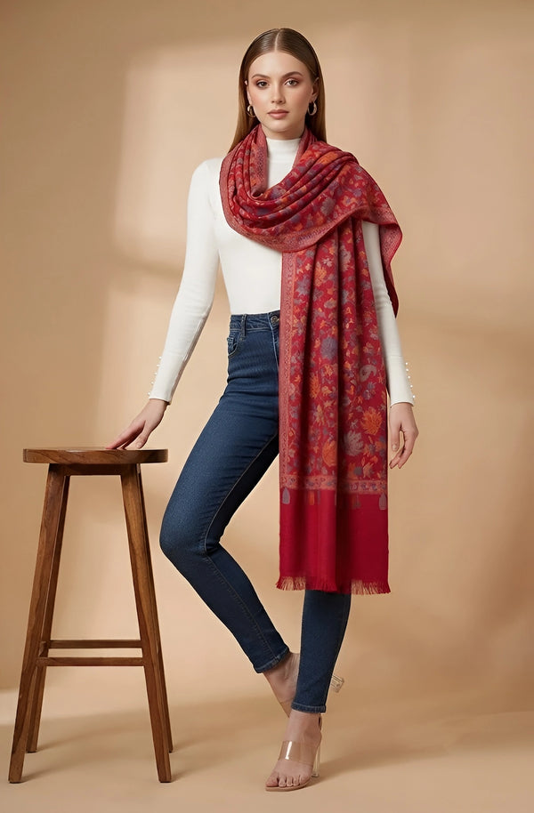 Regal Kani Weave Floral Wool Blend Red Stole | Kashmiri Inspired