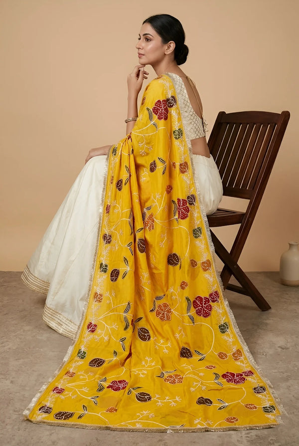 Luxe Cosmos Womens Yellow Dupatta with Zari Brush Print & Lace Border