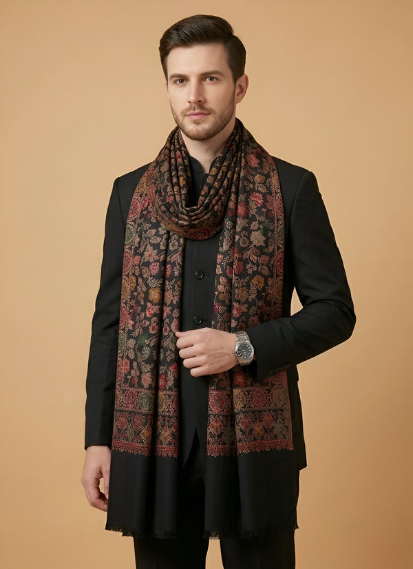 Noble Mens Wool Blend Floral Kani Weave Black Stole
