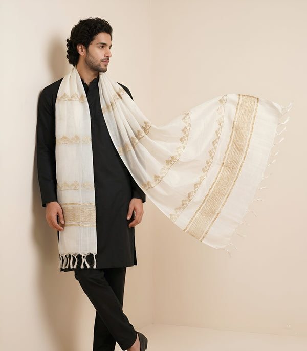 Cotton Cut Work Mens Dupatta – White Gold Tone with Woven Design