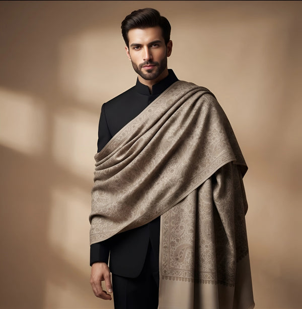 Mir-e-Khas Kashmiri Sozni Jaal Beige Shawl for Men – Wool Blend