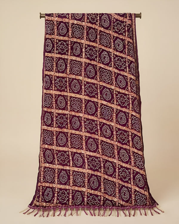 Chinon Bandhani Print Crush Women Wine Dupatta with Traditional Motif Grid Design & Tassel Detailing