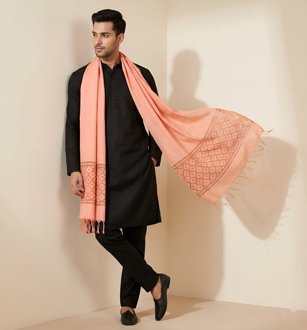 Cotton Mens Dupatta – Orange with Diamond Cut Work & Woven Border
