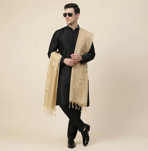 Cotton Embroidered Mens Dupatta – Beige Tone with Buta Work