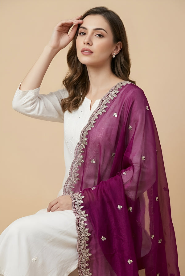 Luxe Fendi Women Purple Dupatta with 2 Side Scalloped Border, Mirror Detailing & Buti Embellishment