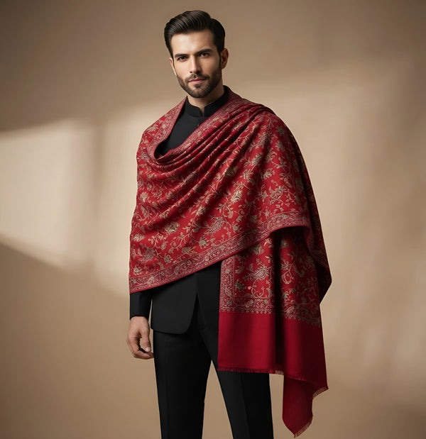 Mir-e-Khas Men's Kashmir-Inspired Jamawar Floral Paisley Vine Red Shawl