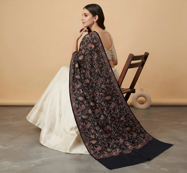 Naqsh-e-Kashmir Inspired Jamawar Floral Paisley Vine Wool Blend Blue Shawl