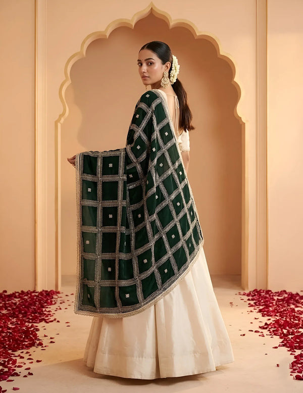 Bottle Green Chinon Dupatta with Gold Grid Embellishment (Size: 2.5x1 m Approx)