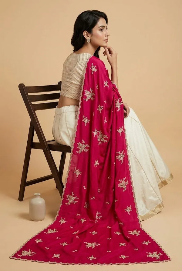 Luxe Chinon Womens Pink Dupatta with Floral Diamond Work & Lace Border