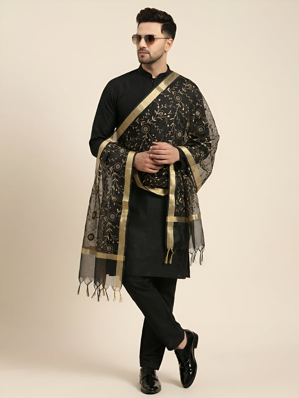 Organza Meena Jaal Mens Dupatta – Black with Gold Woven Design