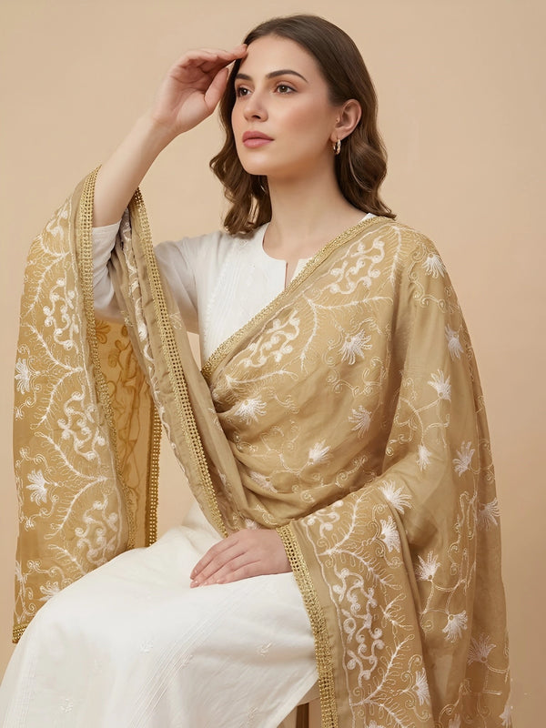 Gold Karachi Style Hand Embroidered Chiffon Dupatta