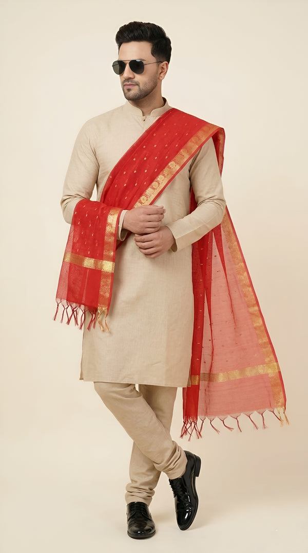 Cotton Silk Mens Dupatta – Red with Zari Buta & Border Work