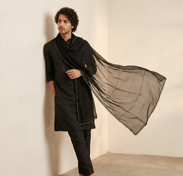 Nazneen Chiffon Mens Dupatta – Solid Black with Elegant Lace Border
