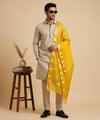 Cotton Silk Mens Dupatta – Yellow with Zari Buta & Border Work