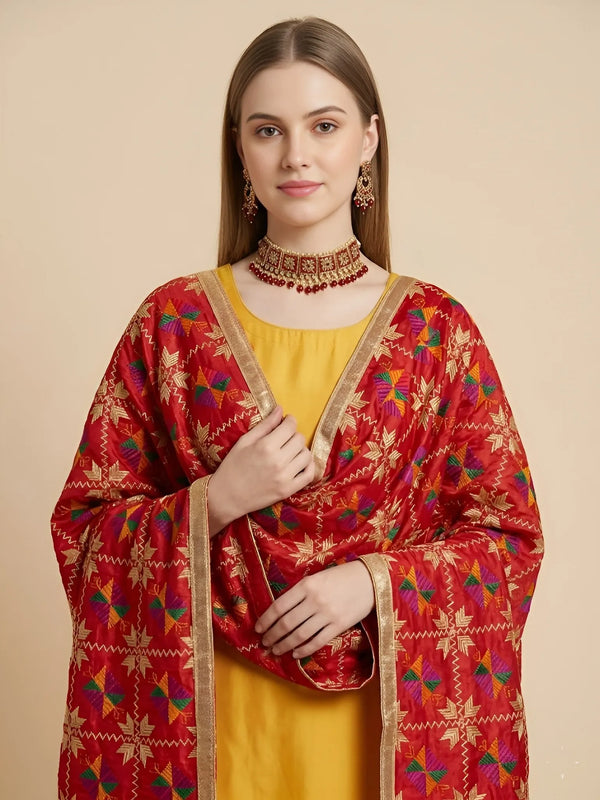 Luxe Chinon Women Phulkari Red Dupatta with Lace Border & Traditional Motif Work