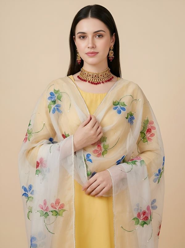 Luxe Organza Women White Dupatta with Handbrush Floral Art & Beads