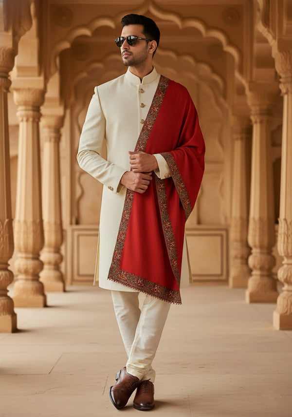 Red Woolen Mens Shawl with Traditional Multicolour Embroidered Border (80 x 40 Inches)