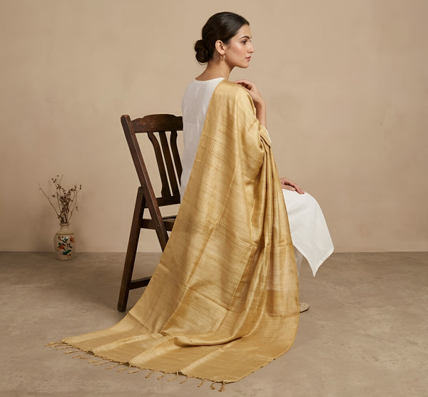 Gold Khadi Cotton Dupatta with Subtle Sheen & Border Detailing | Soft Textured Ethnic Dupatta