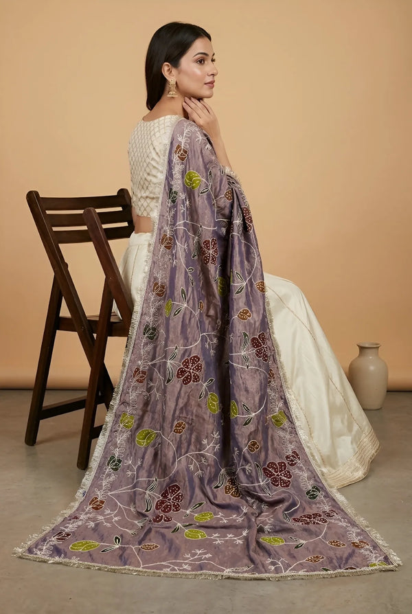 Luxe Cosmos Womens Purple Dupatta with Zari Brush Print & Lace Border