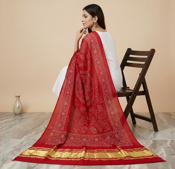 Bamboo Silk Bandhani Inspired Gajji Women Maroon Dupatta with Elephant & Floral Motifs and Golden Tape Border