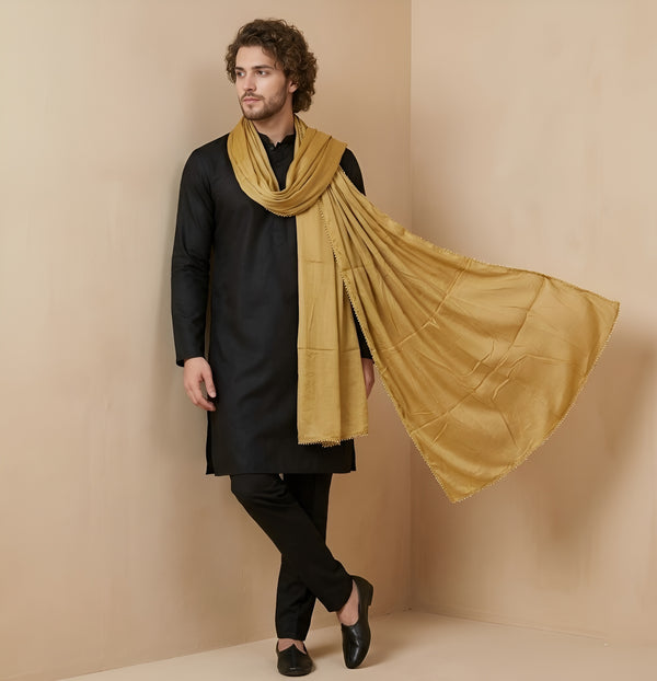 Nazneen Chiffon Mens Dupatta – Solid Gold with Elegant Lace Border