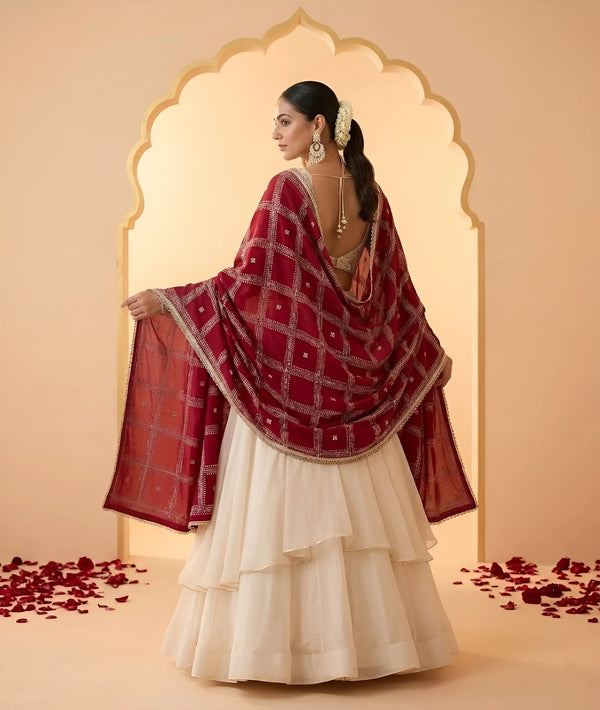 Chinon Dupatta with Gold Grid Embellishment