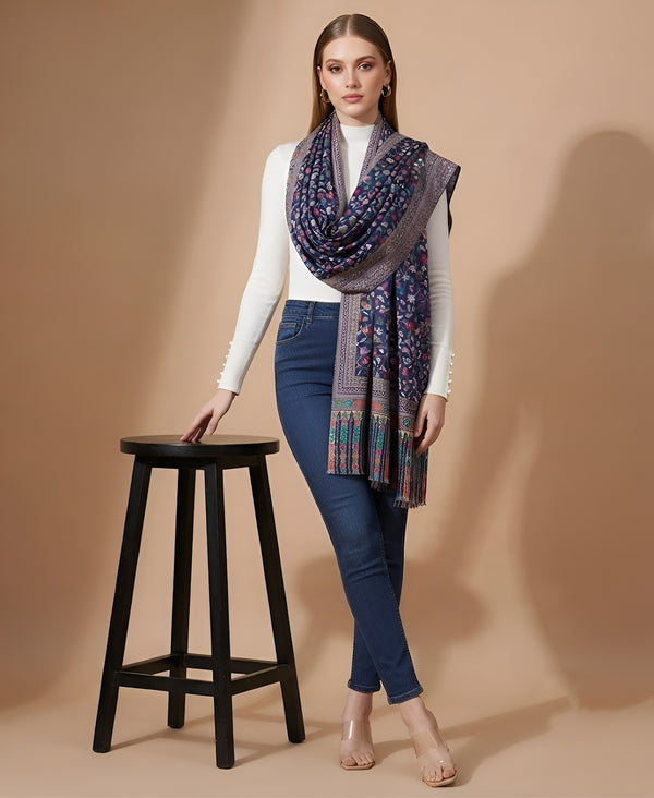Signature Kalamkari Printed Bamboo Silk Blue Stole