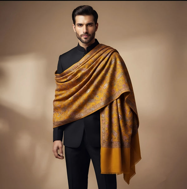 Mir-e-Khas Men's Kashmir-Inspired Jamawar Floral Paisley Vine Yellow Shawl