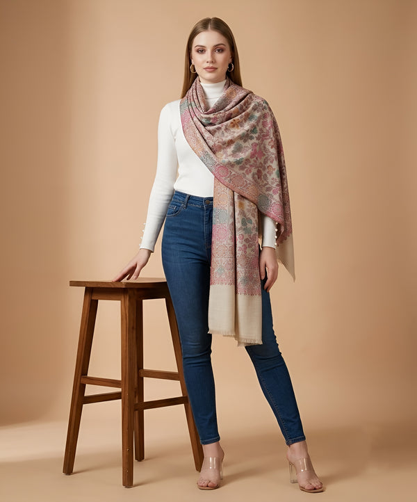Regal Floral & Paisley Kani Weave Wool Blend Beige Stole