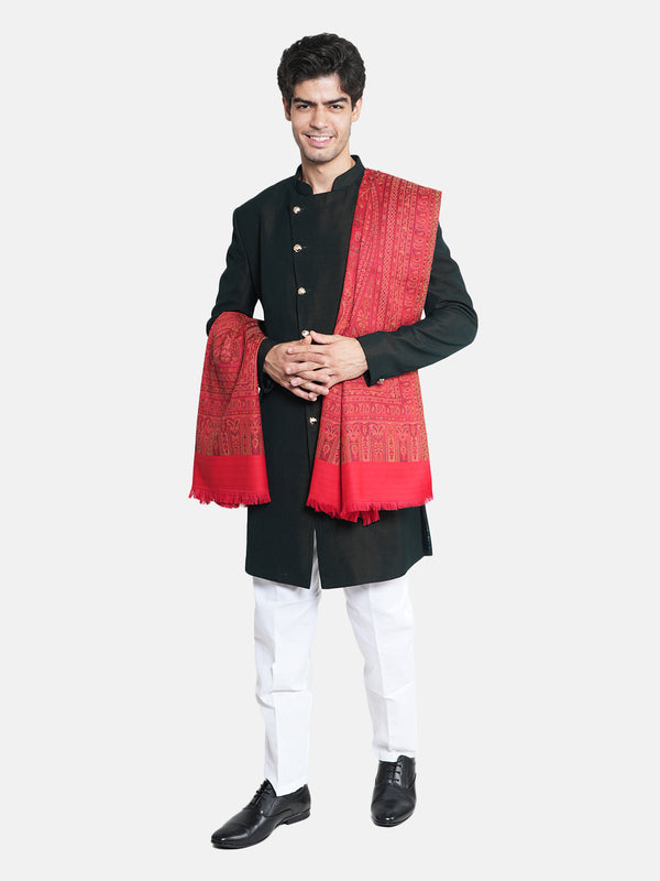 Red Jamawar Wool Blend Mens Shawl with Intricate Paisley Weave – 80×40 Inches