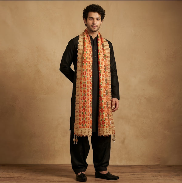 Heritage Woven Geometric Zari Chinon Beige Mens Dupatta