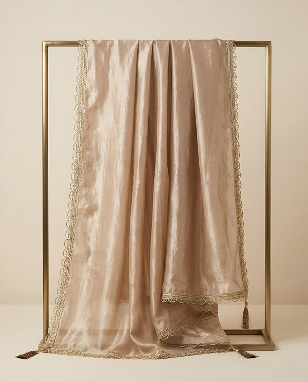 Fendi Women Dupatta – Beige Tone with Lace Border & Latkan