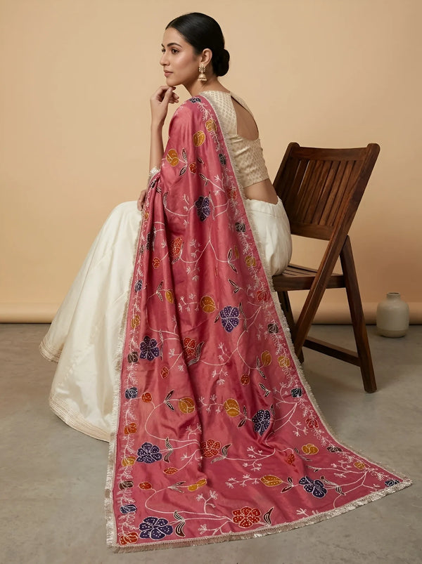 Luxe Cosmos Womens Pink Dupatta with Zari Brush Print & Lace Border