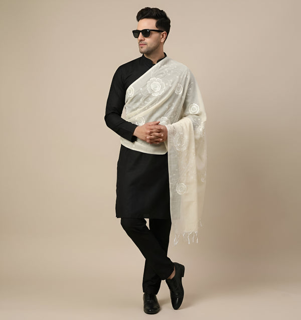 Cotton Embroidered Mens Dupatta – White Tone with Buta Work